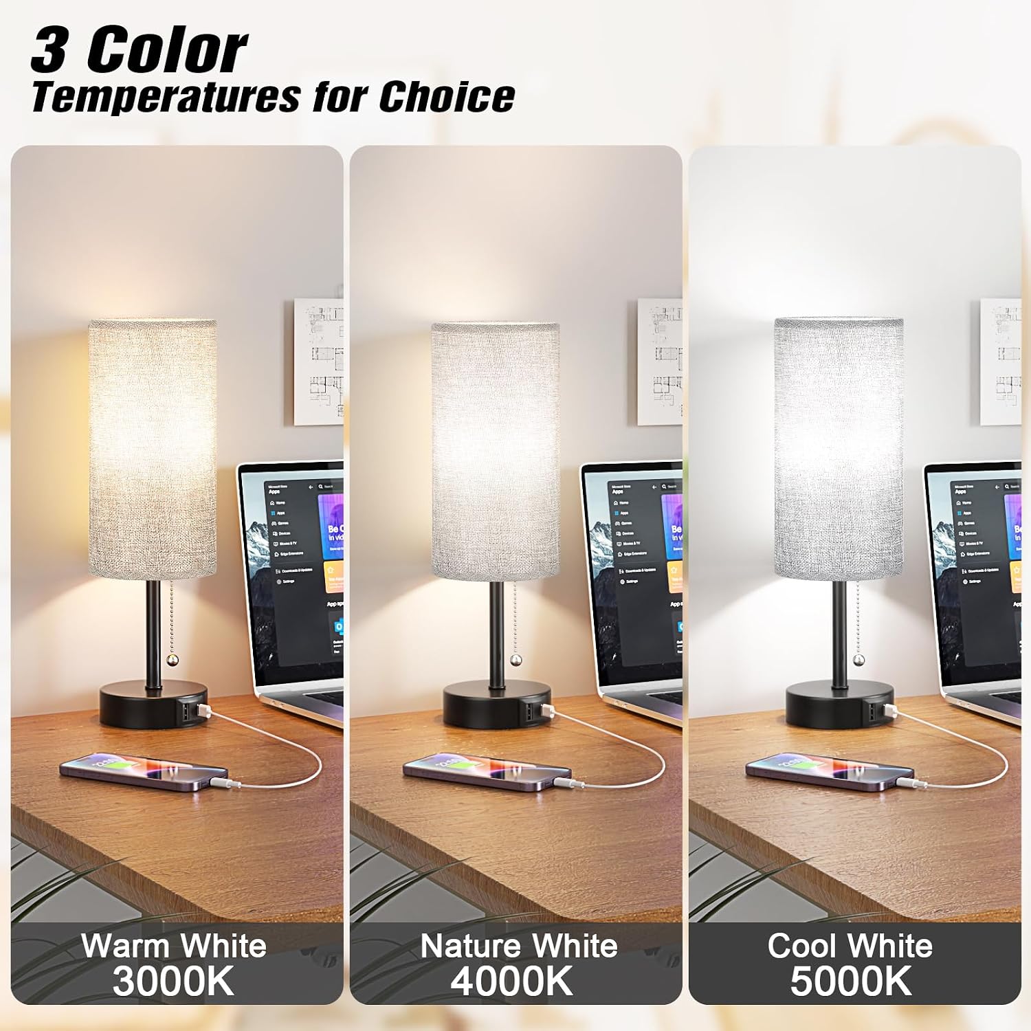 Grey Bedside Lamp for Bedroom Nightstand - Small Table Lamp with USB A + C Charging Port, 3 Color Temperatures Pull Chain Night Stand…