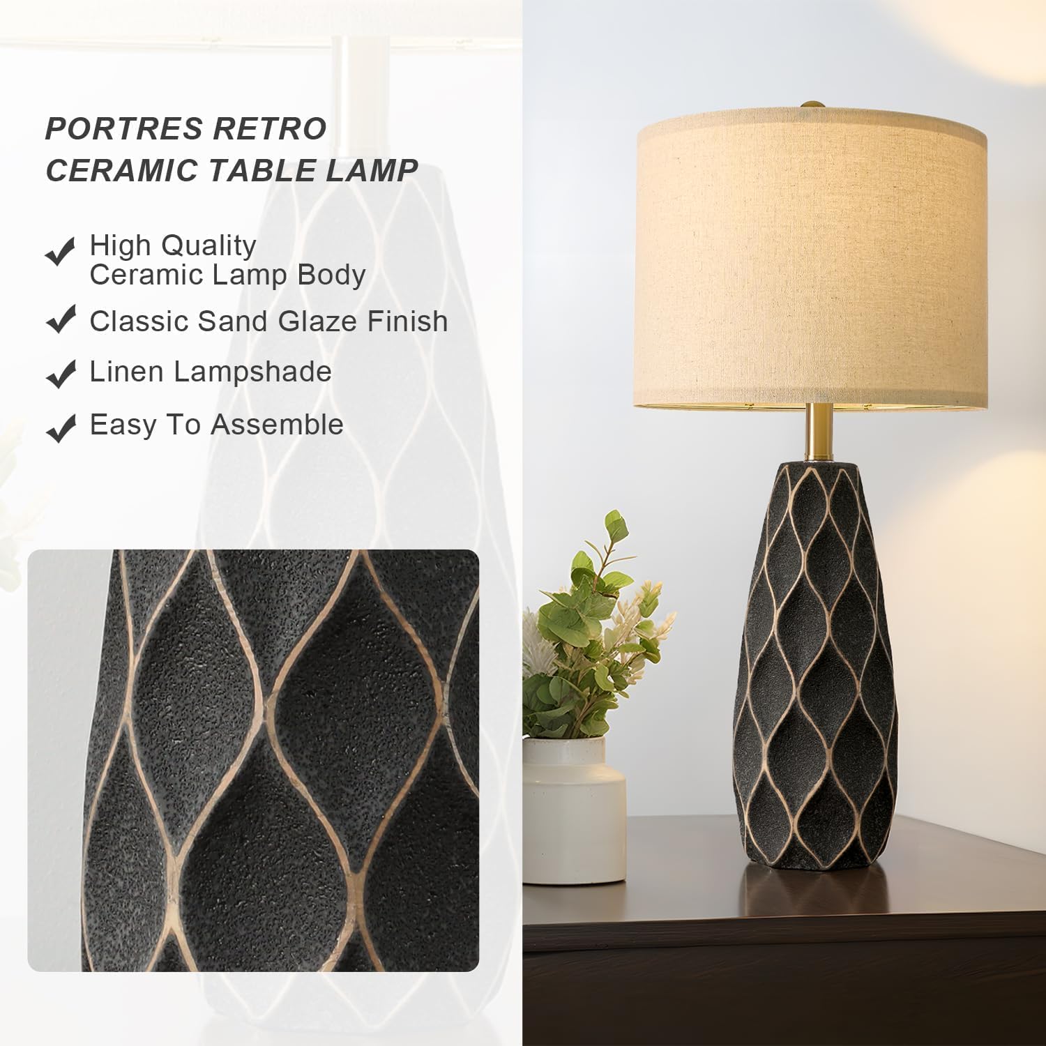 PORTRES 27.5" Ceramic Table Lamps for Bedroom Living Room Lamps Set of 2 Modern Bedside Nightstand Lamp Farmhouse Vintage Rustic Boho…
