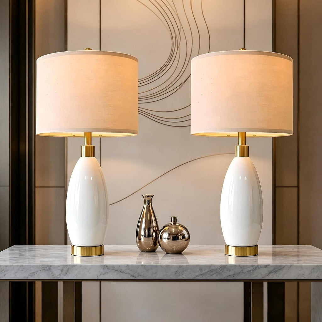 USumkky 24" White Oval Ceramic Table Lamp Set of 2, Modern Minimalist Bedside Nightstand Lamps for Bedroom Living Room, Linen Shade &…