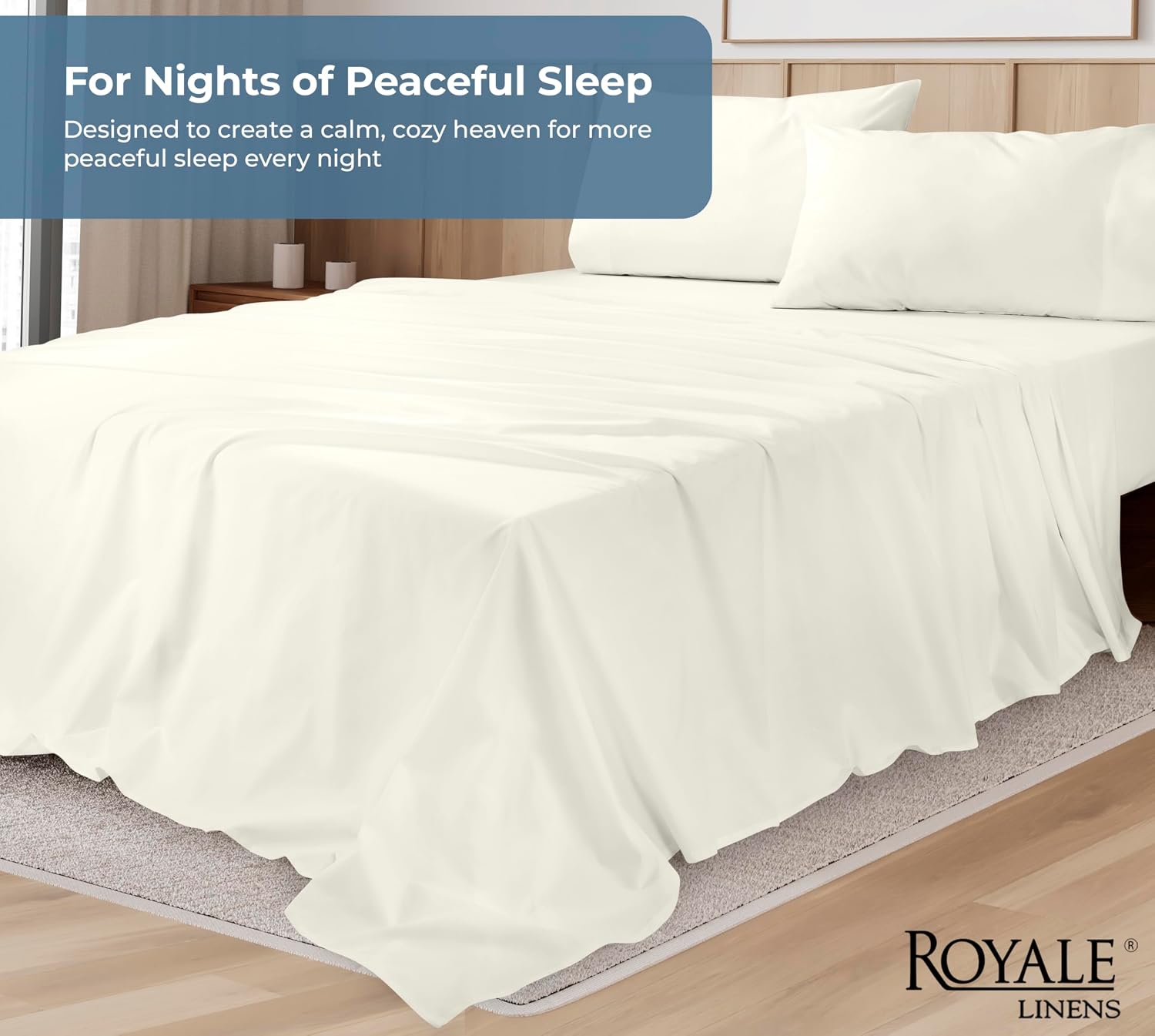 Royalelinens ROYALE LINENS 100% Organic Cotton Queen Sheet Set - Percale Weave - 4 Pieces Set - 1 Flat, 1 Deep Pocket Fitted Sheet and 2 Pi…