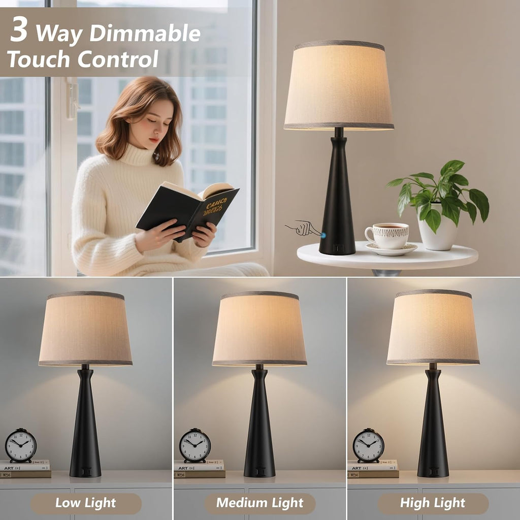 Seealle Modern Table Lamps Set of 2 - Touch Bedside Lamp for Nightstand with Dual USB C+A,3-Way Dimmable Nightstand Lamps for Living Room…