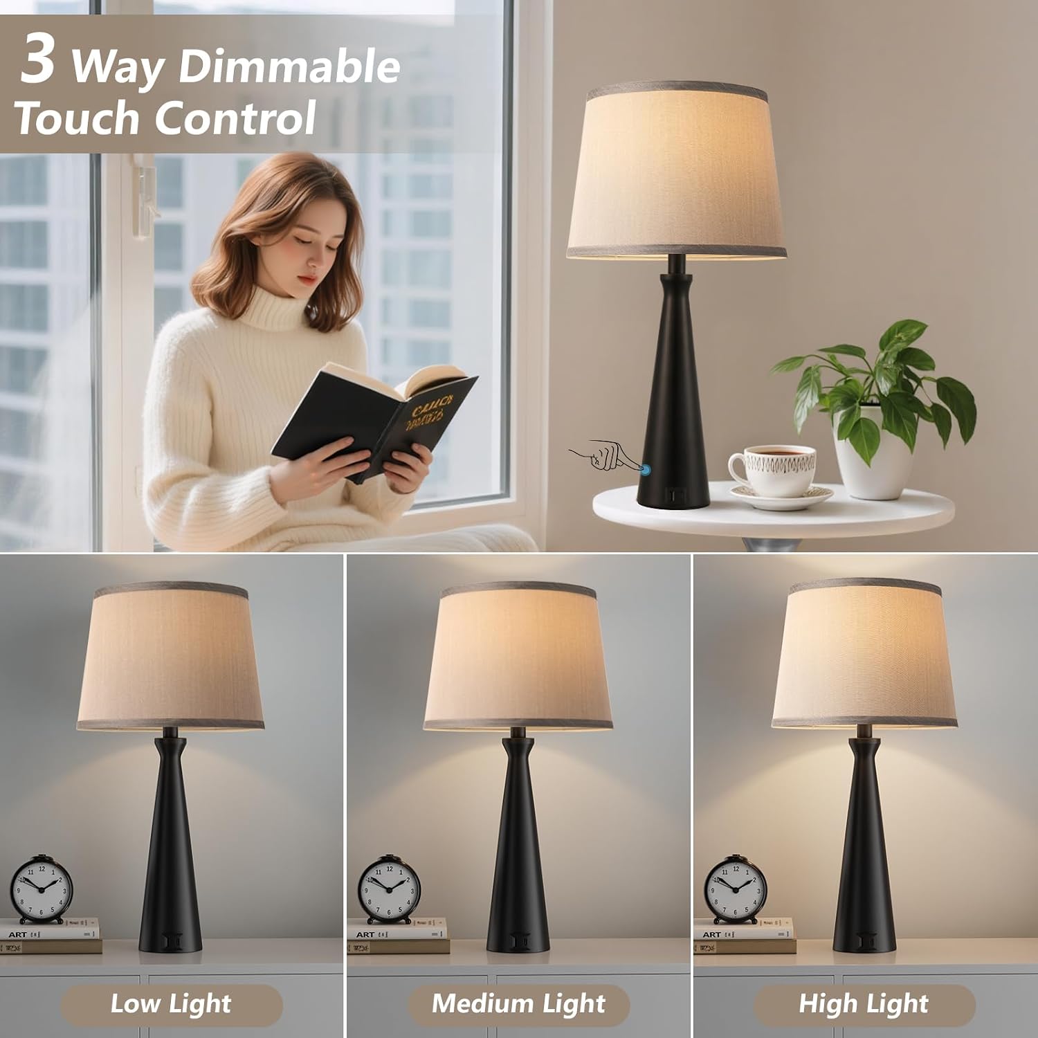 Seealle Modern Table Lamps Set of 2 - Touch Bedside Lamp for Nightstand with Dual USB C+A,3-Way Dimmable Nightstand Lamps for Living Room…
