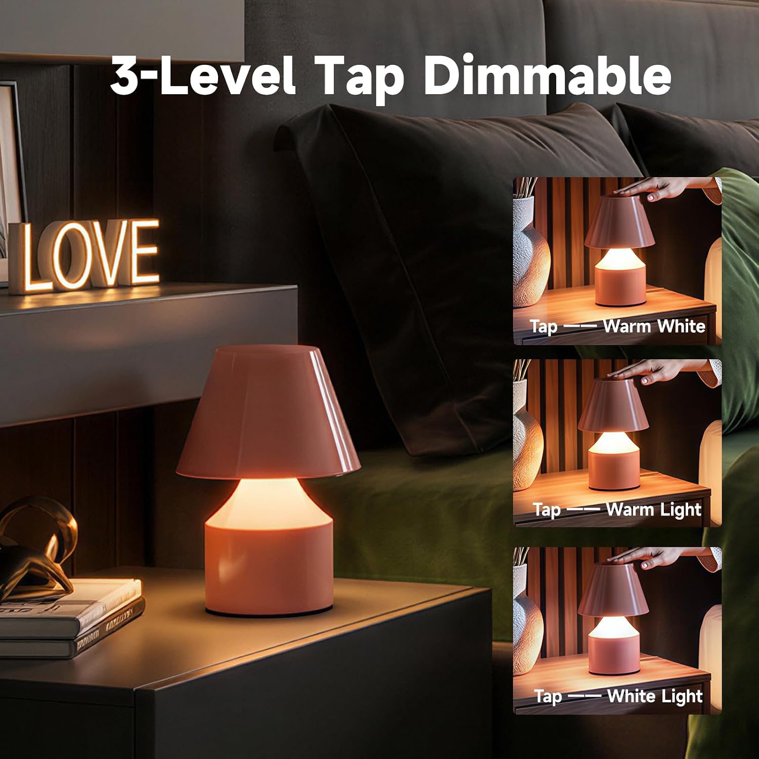 AUGE LIGHT Mini Tap Lamp, Touch Control Night Light, Type-C Rechargeable Cordless Table Lamp for Bedroom, Living Room, Kids' Gift, Pink