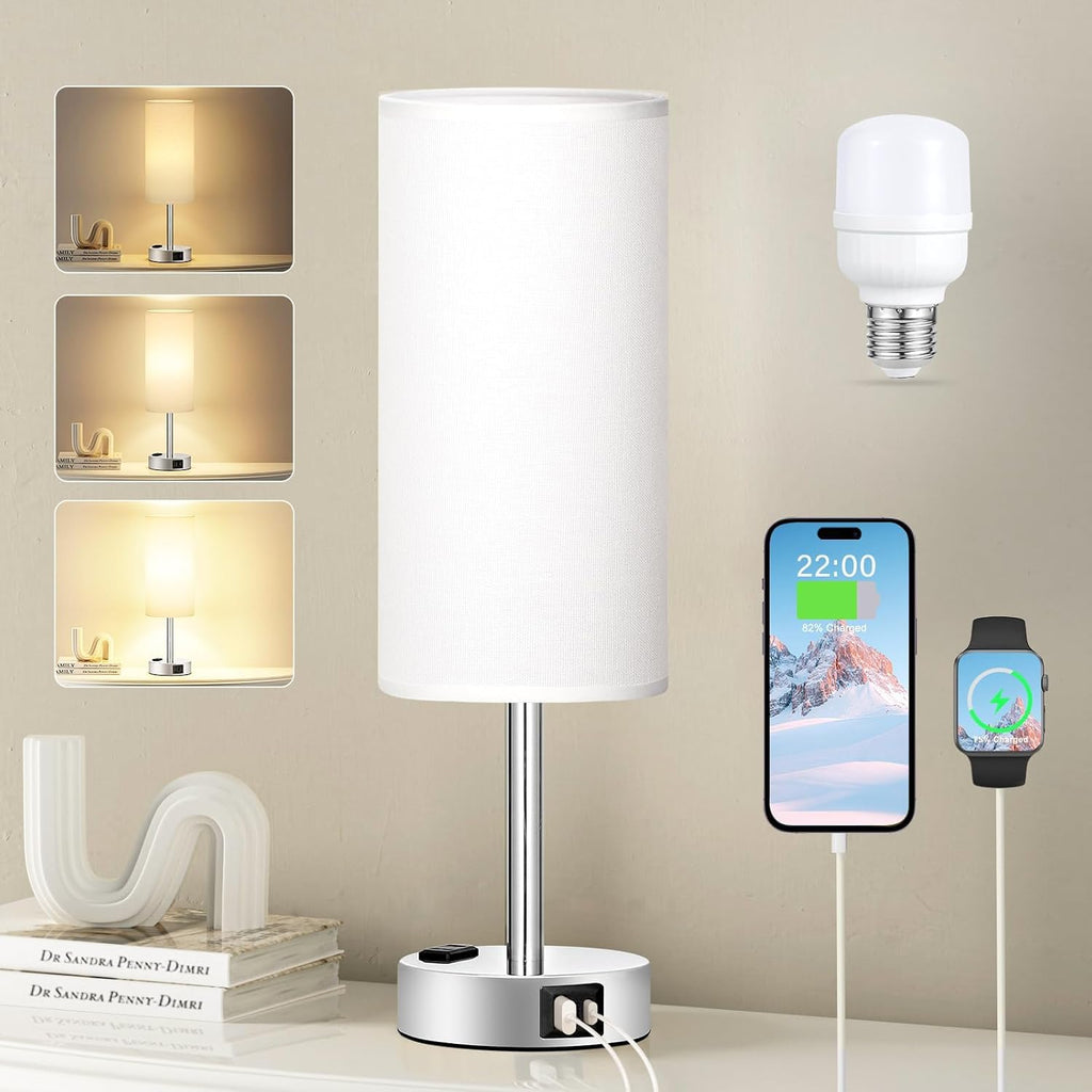 Fenmzee White Touch Bedroom Table Lamp - 3 Way Dimmable Bedside Lamp USB C A Charging Ports and AC Outlet, Small Lamp Nightstand with…