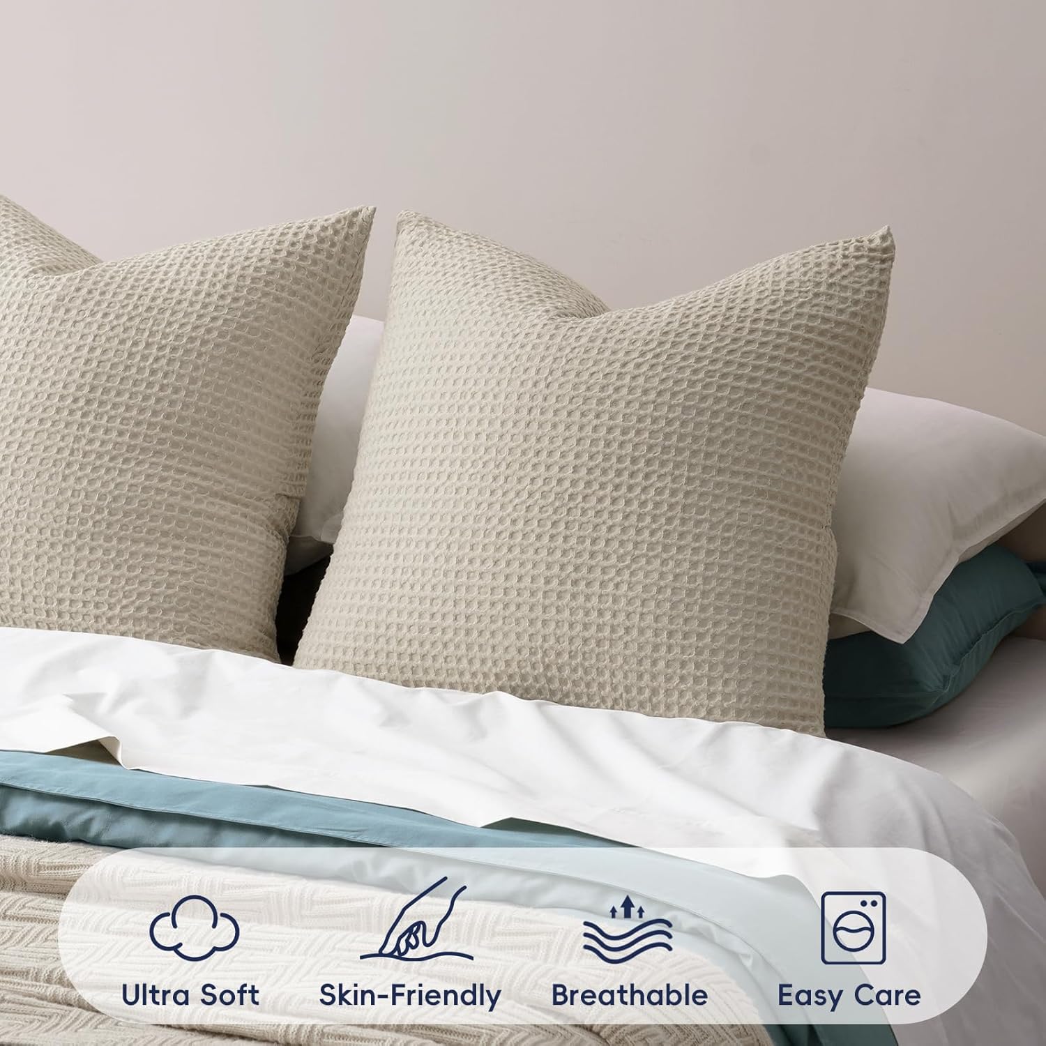 Phf Ultra Soft Waffle Weave Euro Shams Pillow Covers, No Filling, 2 Pack 26" x 26" Bed Cushion Covers, Breathable & Skin-Friendly Bed Pillo…
