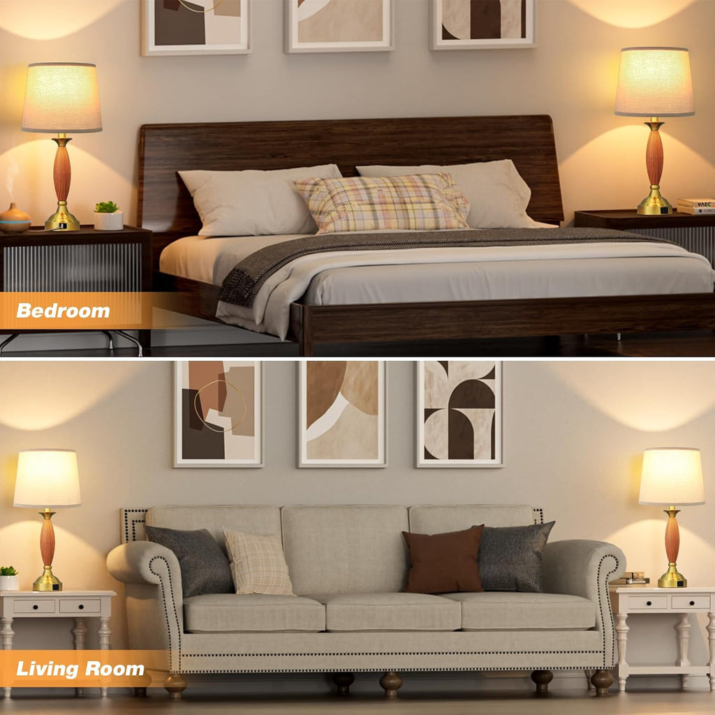 Seealle Touch Lamps for Nightstand - Bedroom Lamps Set of 2 with USB C+A, 3 Way Dimmable Contemporary Metal Wood Table Lamps for Living Room