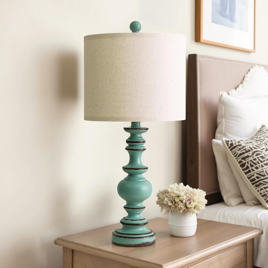 BOBOMOMO 24" Farmhouse Table Lamps Set of 2 – Distressed Teal Lamps with Linen Shades, Cottage Style Bedside Lamps for Bedroom, Living…