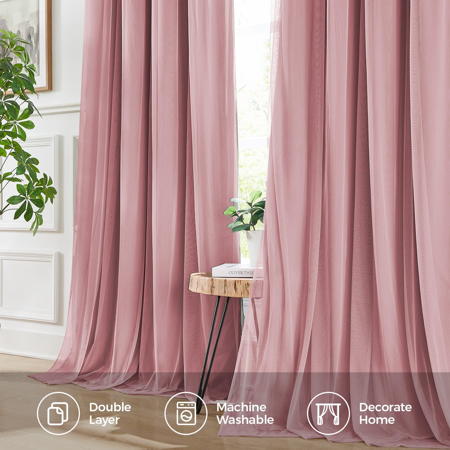 Swandream Blackout Curtains for Bedroom, Double Layer Pink Curtains, Black Out Curtain 72 inch Long with Sheer Overlay for Living Room, Roo…