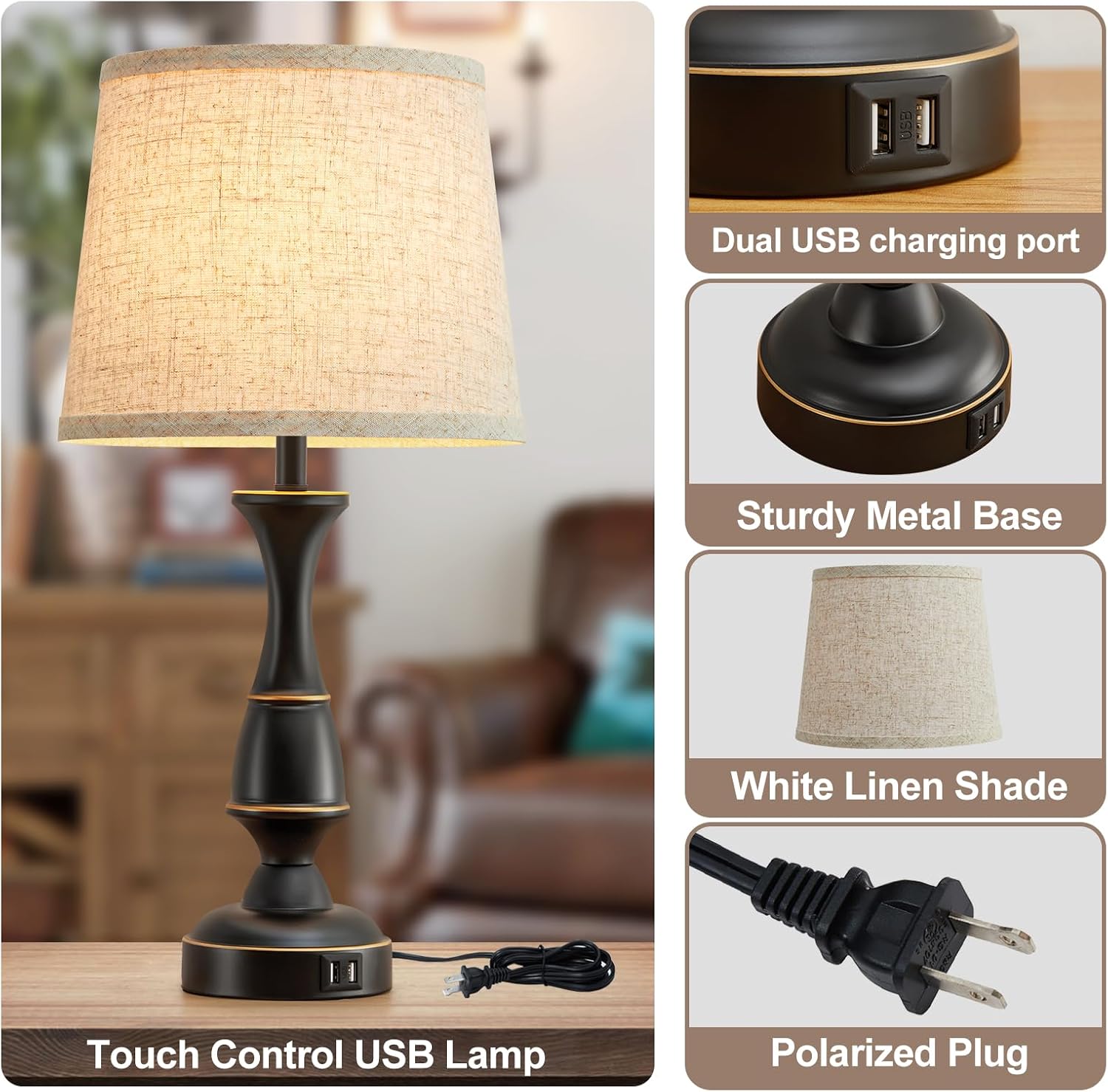 Luvkczc Touch Table Lamps Set of 2, 22" Tall Bedside Lamps with Dual USB A Ports, Dimmable Nightstand Lamps for Bedroom, Living Room…