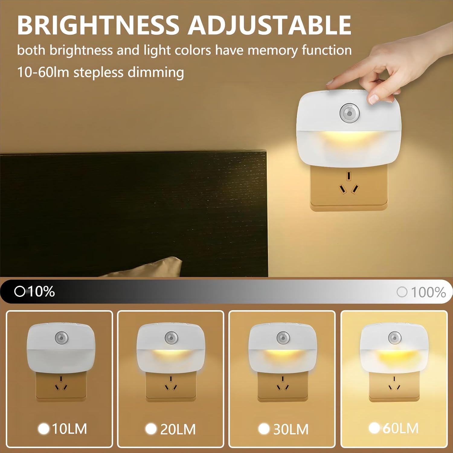 Sossi Motion Sensor Night Light Plug in 4 Pack,10-60Lm Stepless Dimming,3 Light Modes with Memory, Smart Night Lights Plug Into Wall…