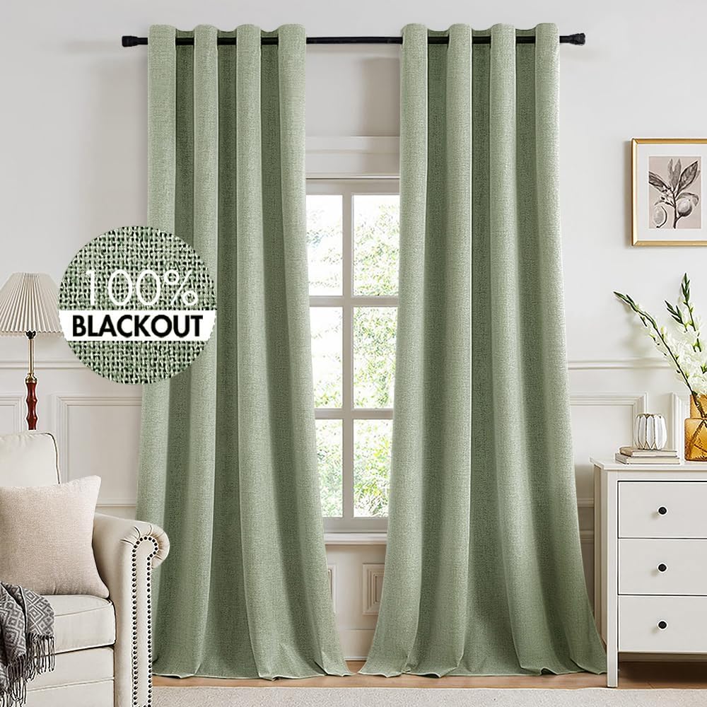 Miulee Linen Texture Curtains for Bedroom Solid 100% Blackout Thermal Insulated Sage Green Curtains Grommet Room Darkening Drapes for Livin…