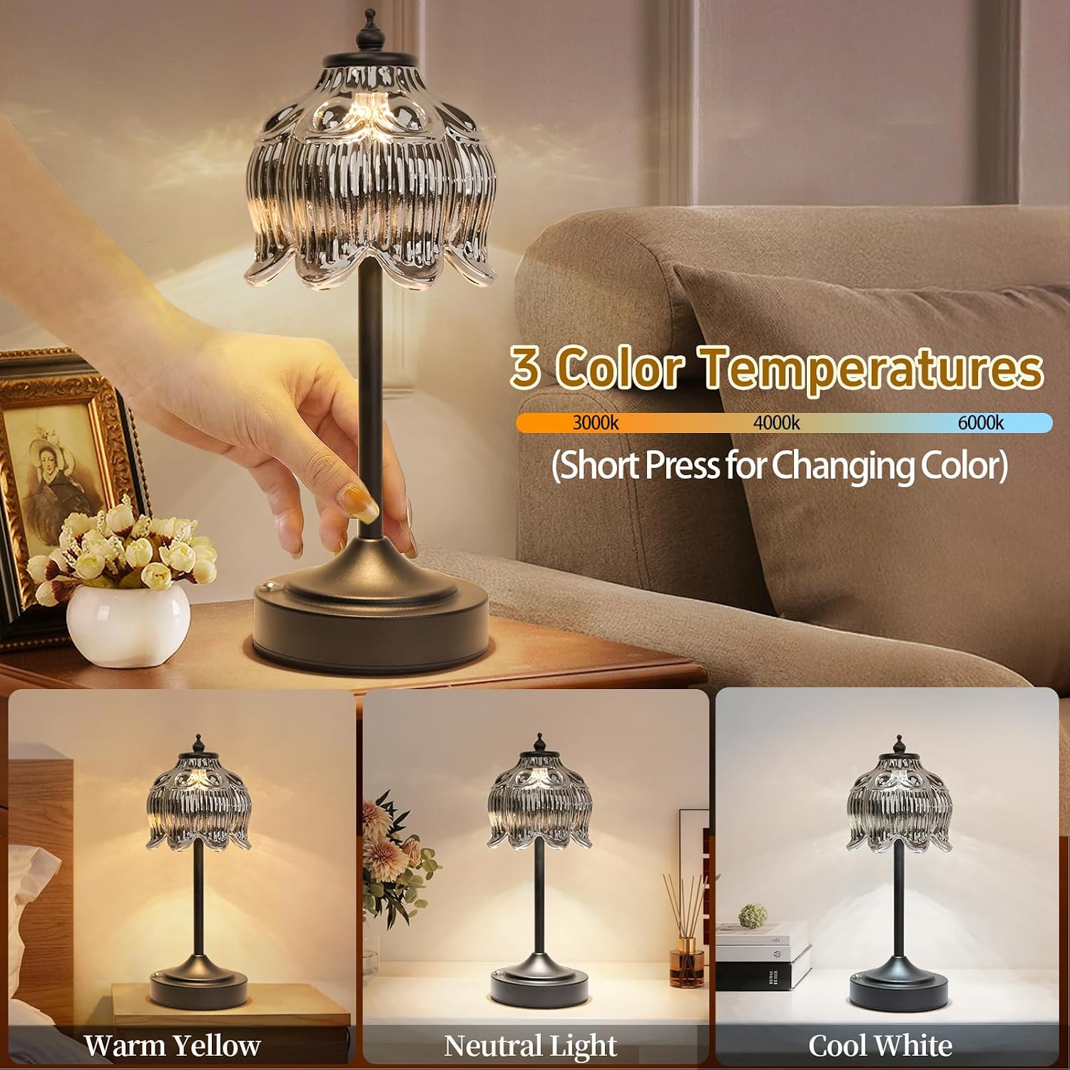 Cordless Lotus Flower Table Lamp, 5200mAh Rechargeable Battery Operated Portable Lamp, 3-Color Dimmable Touch Control Small Desk Lamp for…