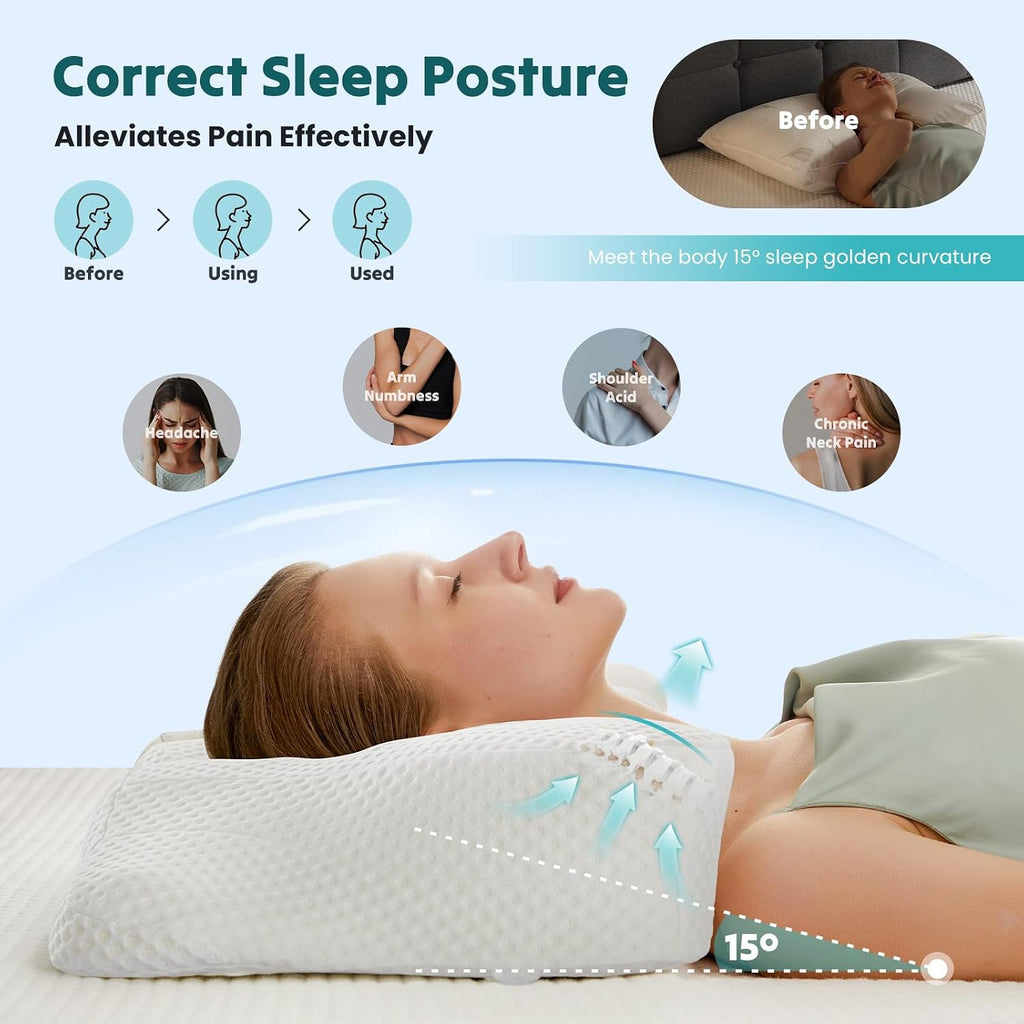 DumosLifestyle DUMOS Cervical Neck Pillow, Cooling Ergonomic Memory Foam Pillows for Neck with Breathable Pillowcase, Dual Height Orthopedi…