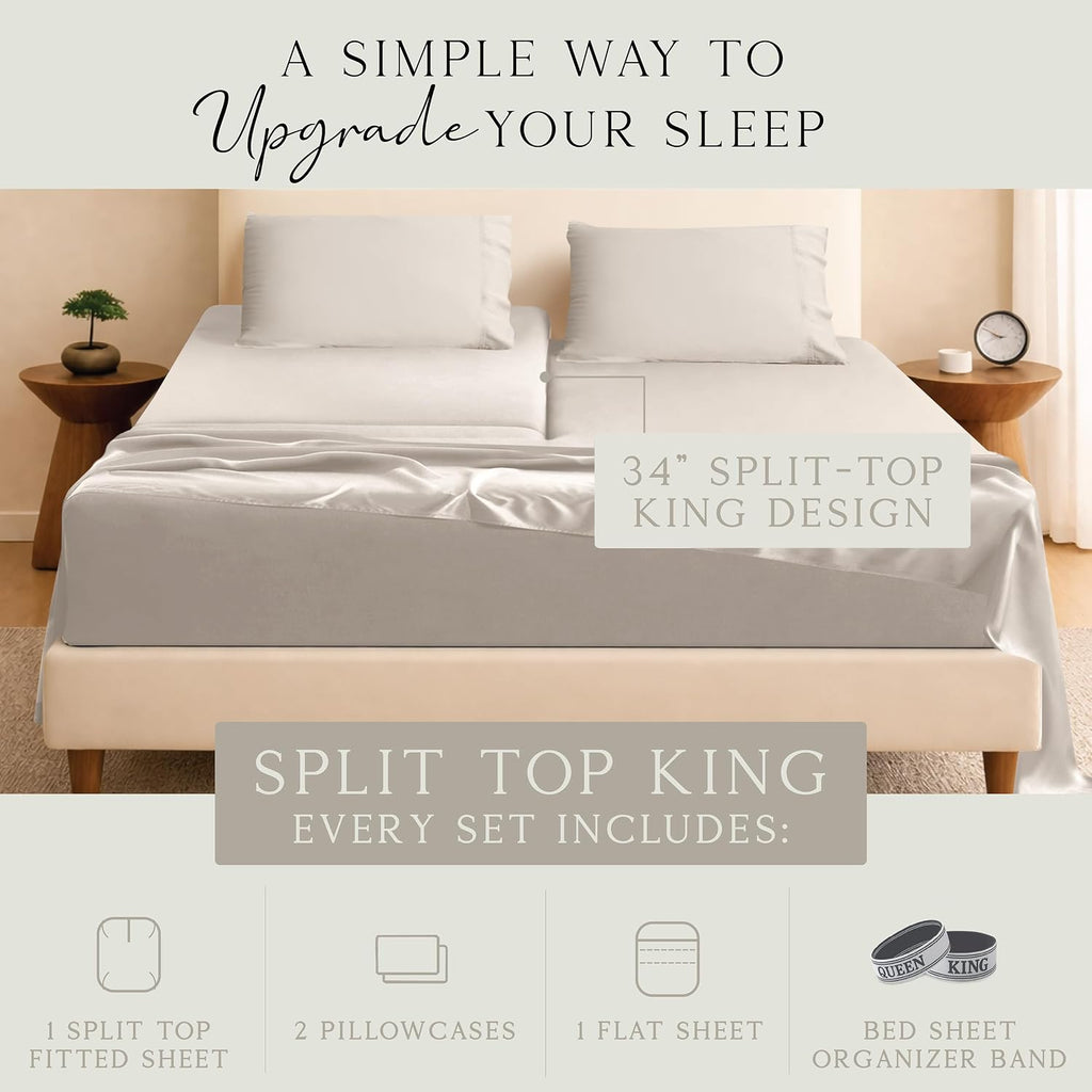 KARISSA MAE Pure Viscose from Bamboo 34" Split Top King Size Sheet Set | 100% FSC Certified | Luxuriously Soft | Cooling | 18" Deep…