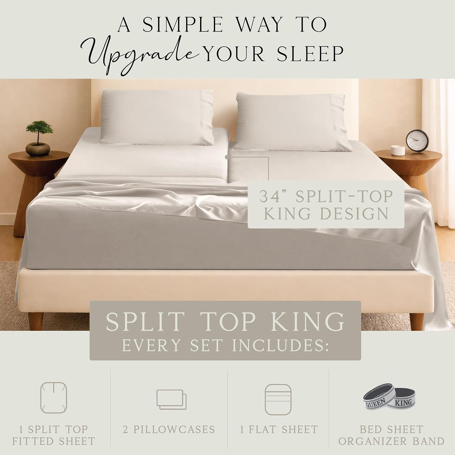 KARISSA MAE Pure Viscose from Bamboo 34" Split Top King Size Sheet Set | 100% FSC Certified | Luxuriously Soft | Cooling | 18" Deep…