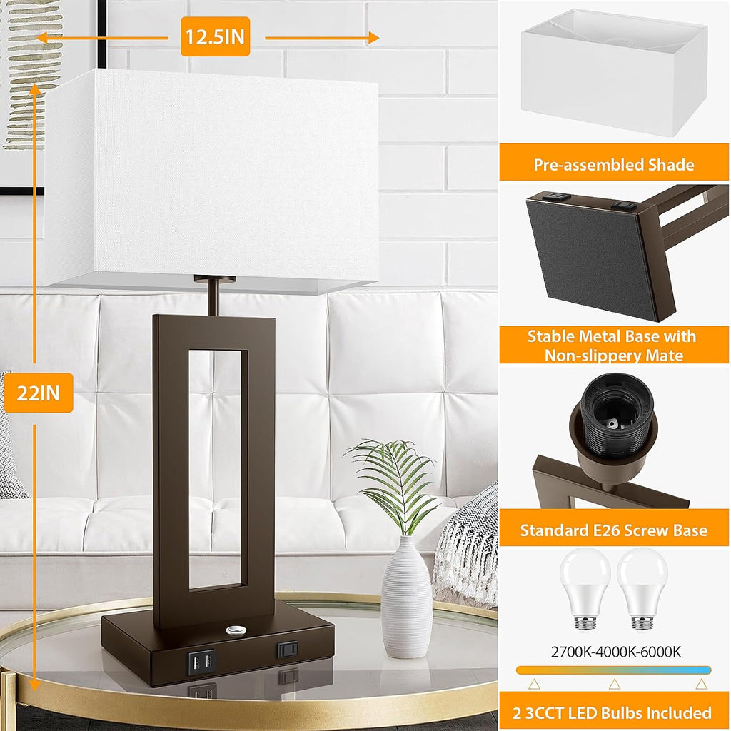 3 Color Temperatures Brown Table Lamps for Bedrooms Set of 2, 22’’ Touch Control Bedside Nightstand Lamps with 2 USB Ports & AC Outlet…