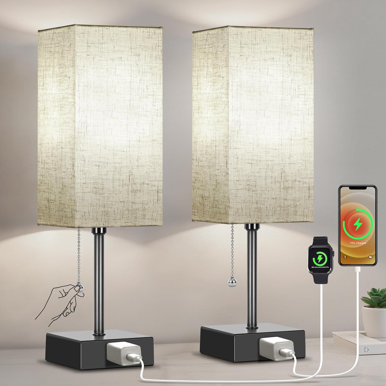 Table Lamp for Bedroom Set of 2, Bedside Lamps with 3 Color Temperatures Night Light, Lamp for Night Stands with AC Outlet and Square…