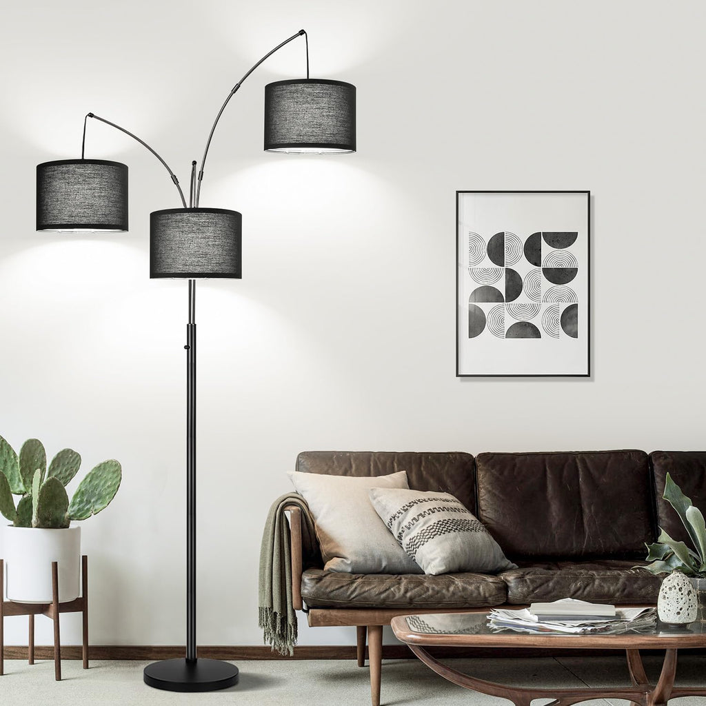 Dimmable Floor Lamp, 3 Light Arc Floor Lamp, Modern Tall Standing Tree Lamp with Black Shades & Heavy Base, 3000LM Cool White LED Bulbs…