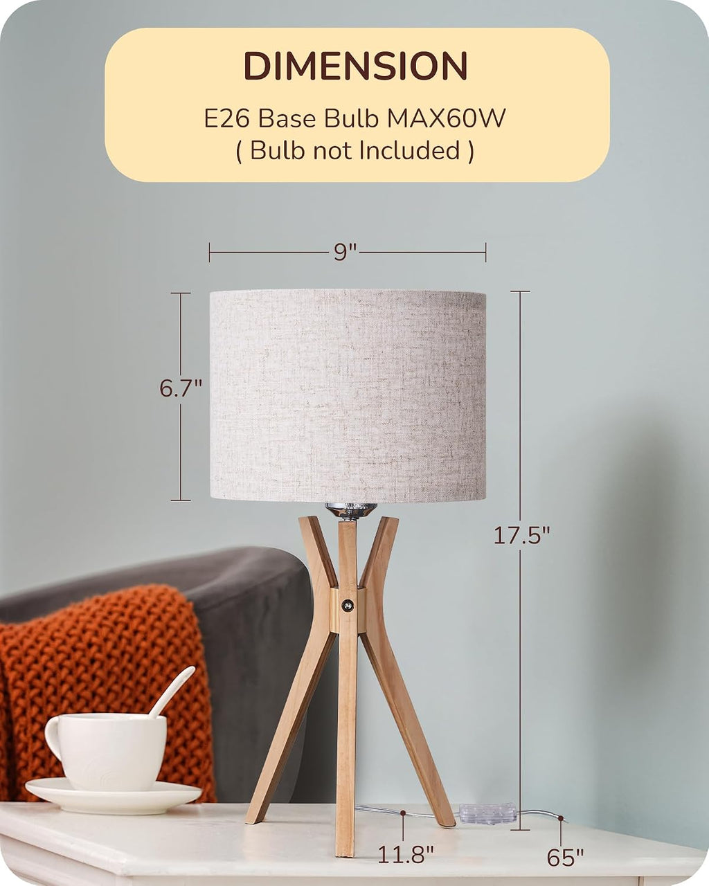Edishine Tripod Table Lamp, 17.5" Modern Bedside Lamp with Natural Wood-Colored Lamp Legs & Beige Linen Lampshade, Boho Nightstand Lamp for…