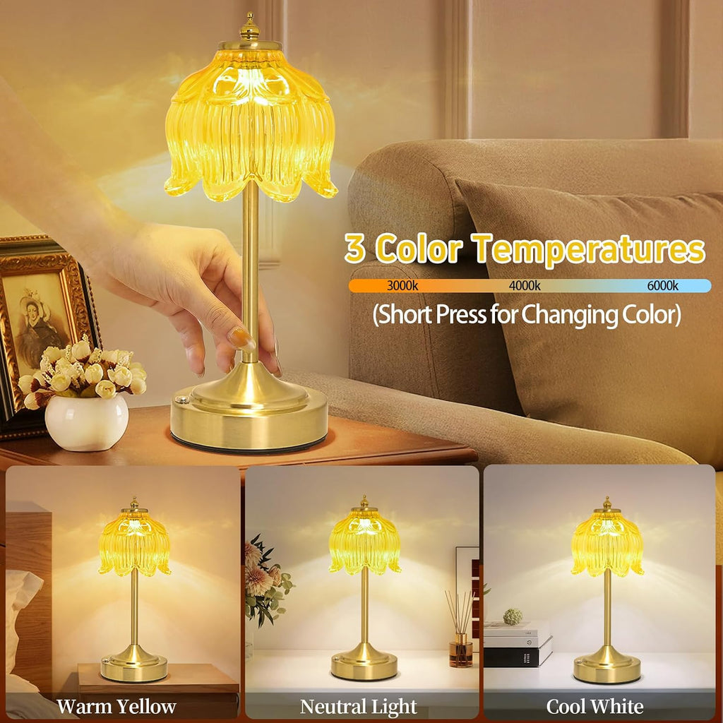 Crkwos Cordless Lotus Flower Table Lamp, 5200mAh Rechargeable Battery Operated Portable Lamp, 3-Color Dimmable Touch Control Small D…
