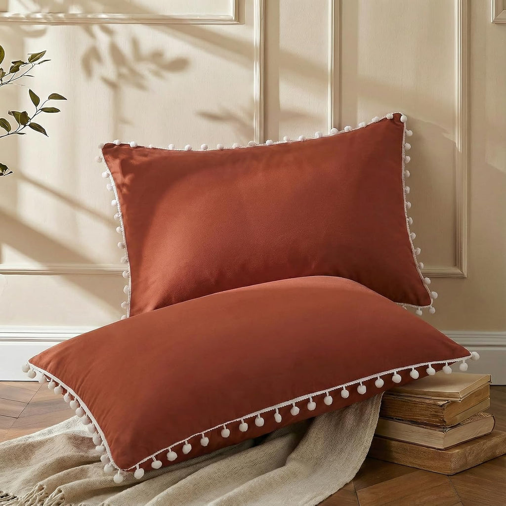 Moveover Brick Red Pom Poms Pillow Cases, Boho Pillowcases Set of 2, 100% Soft Washed Microfiber, Rust Pillow Shams King, 2 Pack 2 Pack Red