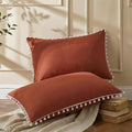 Moveover Brick Red Pom Poms Pillow Cases, Boho Pillowcases Set of 2, 100% Soft Washed Microfiber, Rust Pillow Shams King, 2 Pack 2 Pack Red