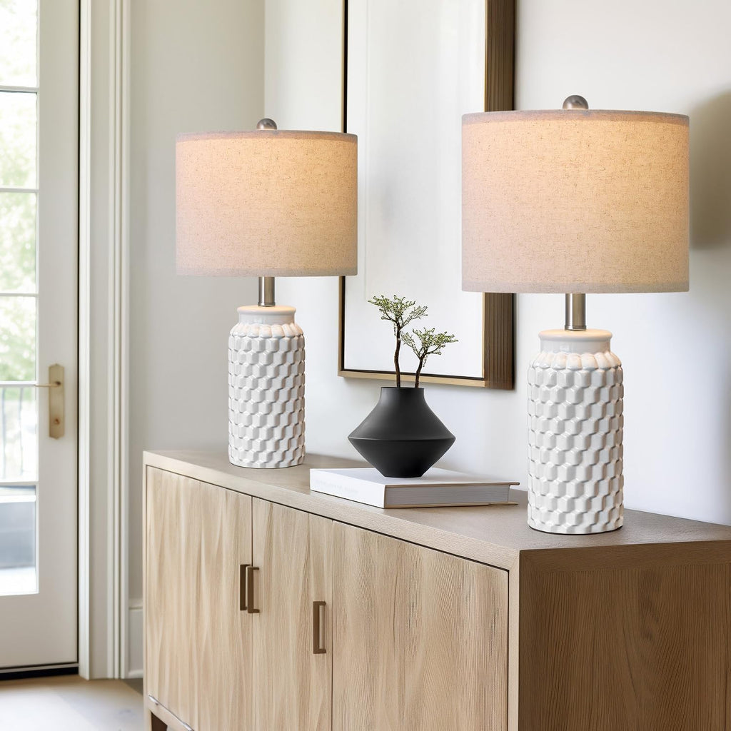 20.5" Small Bedside Lamps Set of 2 with 5FT Cord, White Ceramic Modern Farmhouse Table Lamps for Nightstand, Living Room, Bedroom, 3D…