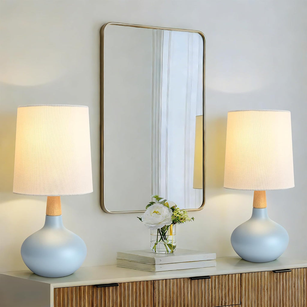 14" Ceramic Table Lamp Set of 2, Small Bedside Lamp with Natural Wood Stem & Linen Shade, Modern Farmhouse Night Lamp for Bedroom Living…