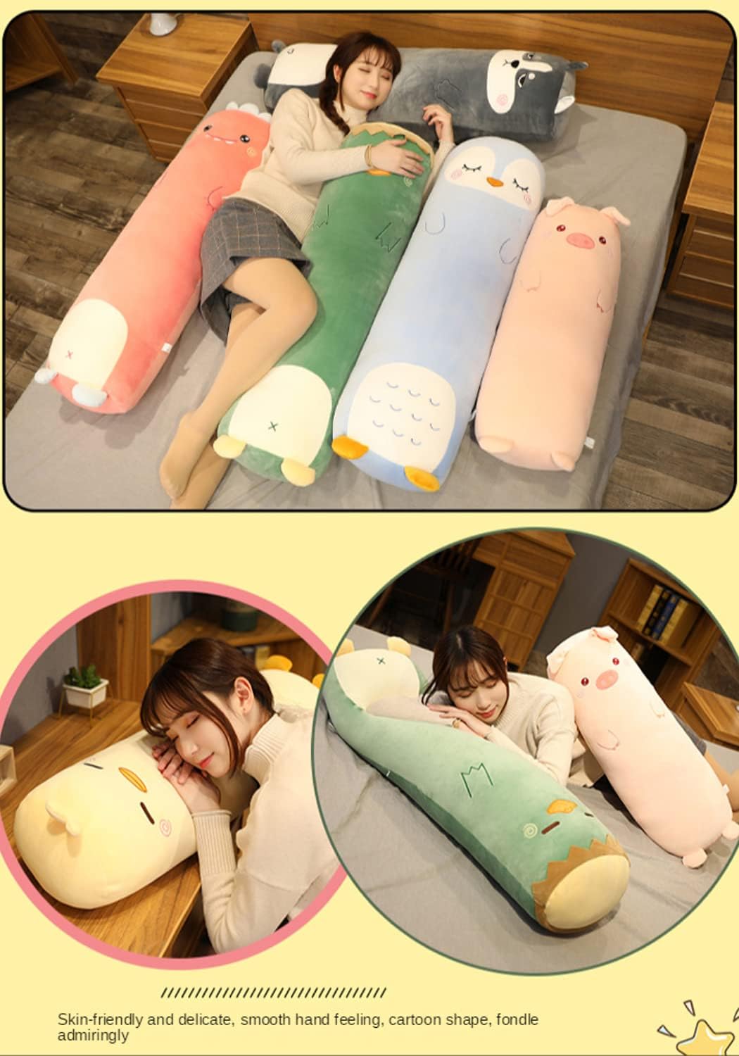 Long Plush Cute Body Pillows 33" Cuddle Stuffed Animal Shaped Bed Body Pillows Soft Cotton Plushies Doll Toy Gifts (Penguin, 33 Inch)