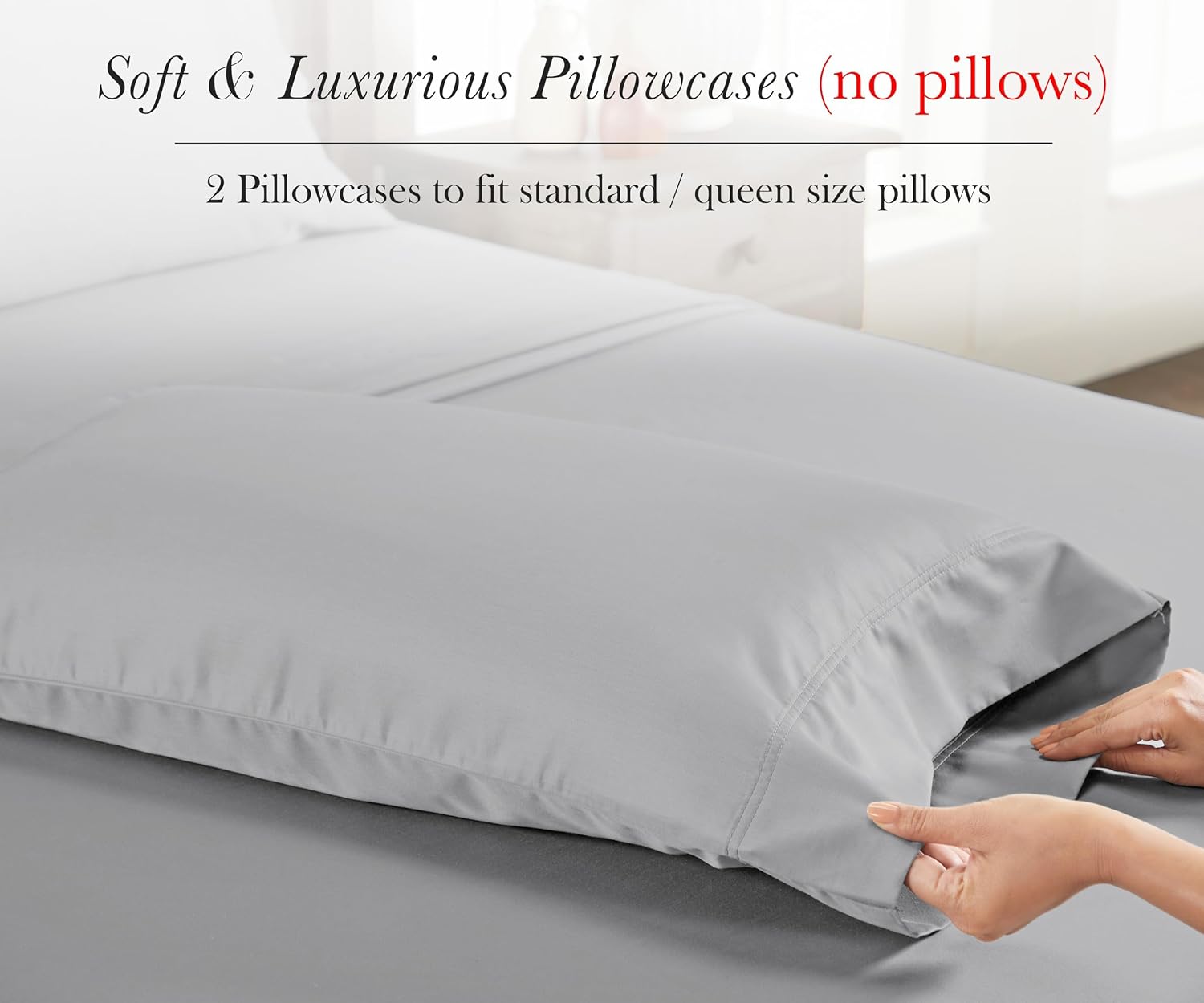 CaliforniaDesignDen 100% Egyptian Cotton Pillowcases Standard Set of 2, Sateen Weave, Soft and Breathable Light Grey Pillow Cases to fit St…