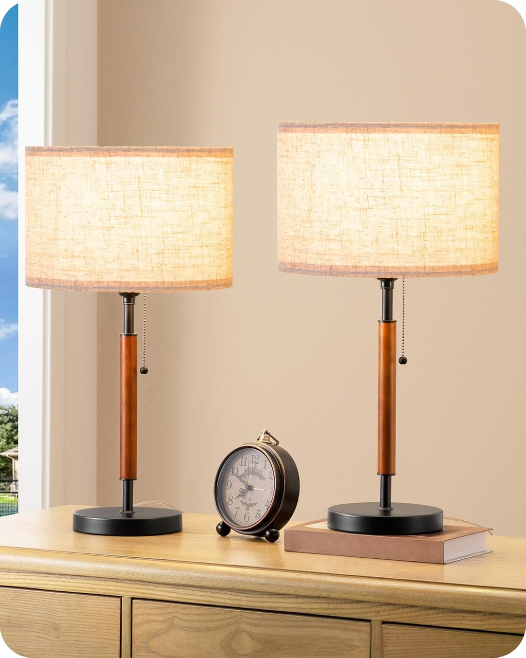 EDISHINE Mid Century Table Lamp Set of 2, Pull Chain Switch Bedside Lamp, Linen Shade, Solid Wood Pole & Black Metal Base, Modern…
