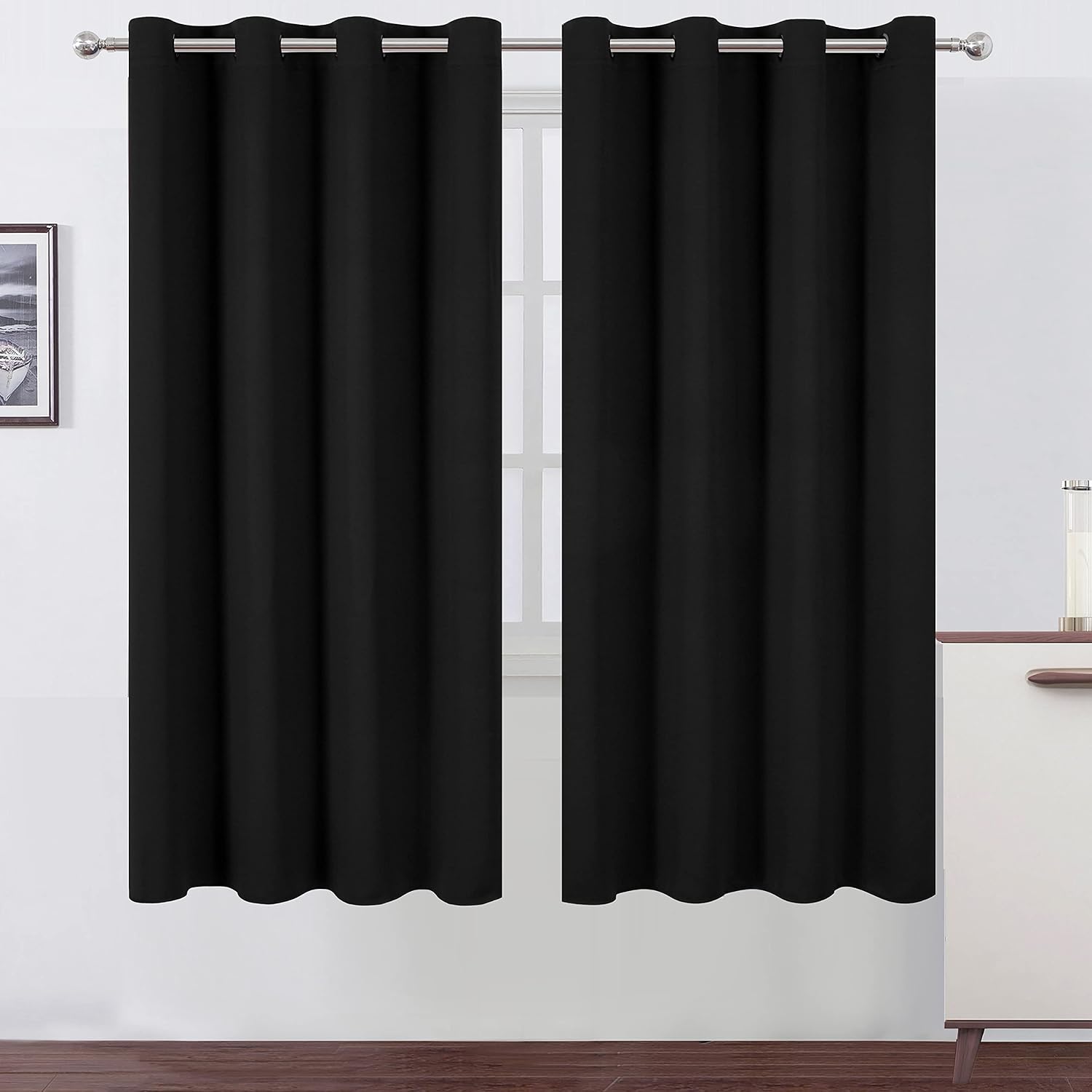 Lemomo Black Thermal Blackout Curtains/52 x 72 Inch/Set of 2 Panels Room Darkening Curtains for Bedroom 72 Inch Black