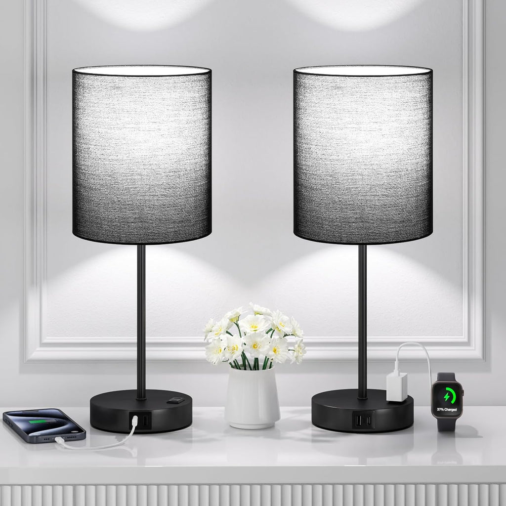 Fenmzeelighting Black Touch Lamps for Nightstand Set of 2 - Bedside Table Lamp for Bedroom with Dual USB Ports & AC Outlet, 3-Way Dimmable…