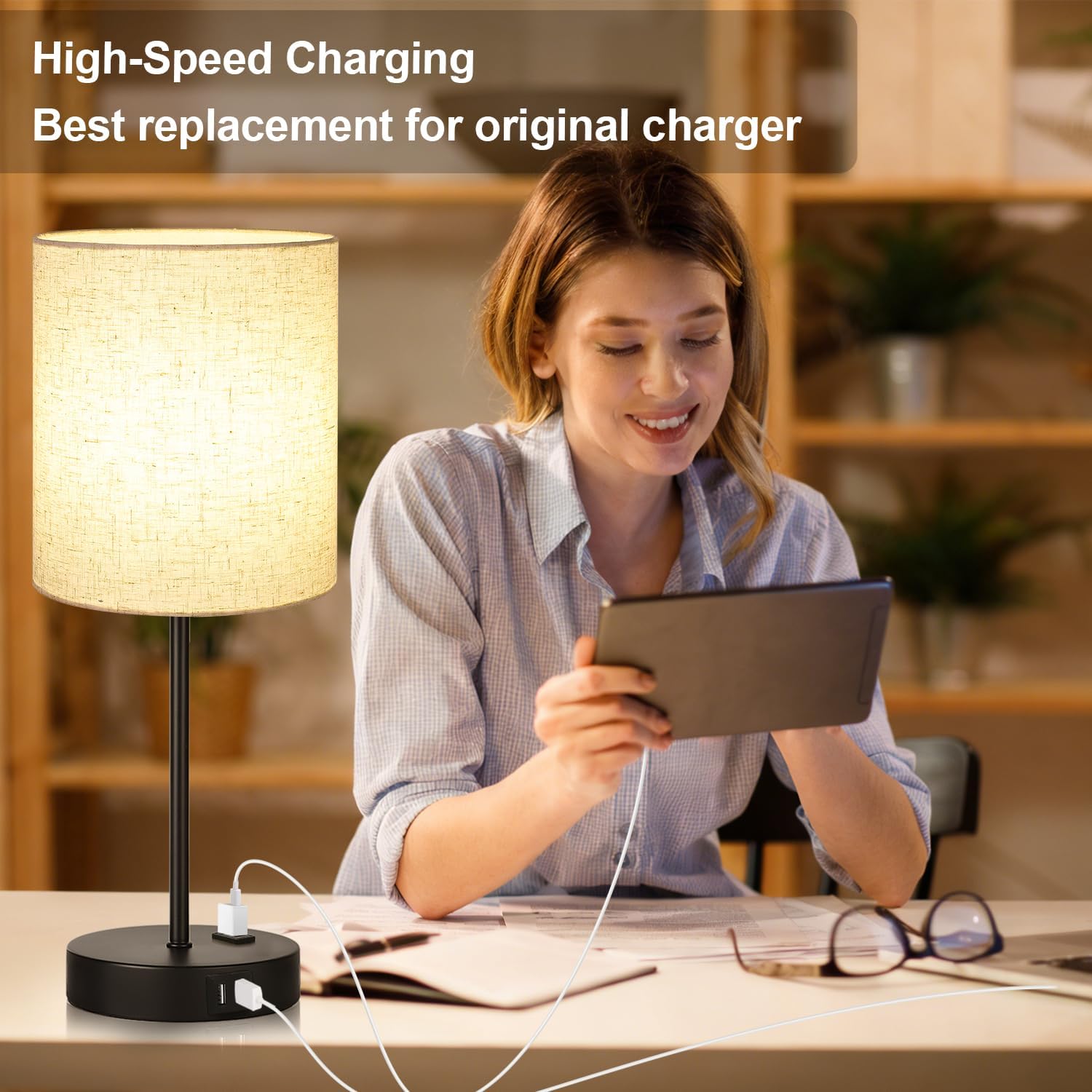 Lynnoland 2 Pack Touch Control Table Lamps with 2 USB & AC Outlet, 3-Way Dimmable Bedside Nightstand Lamps for Bedroom Living Room…