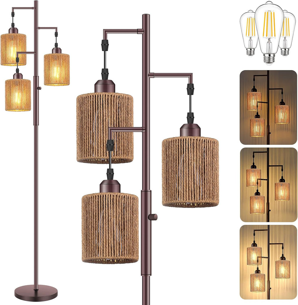 Hotsonic 72" Tall Boho Rattan Style Floor Lamp with Hand-Woven Paper Cord Shade, Dimmable Industrial Tree Standing Lamp for Living Room…