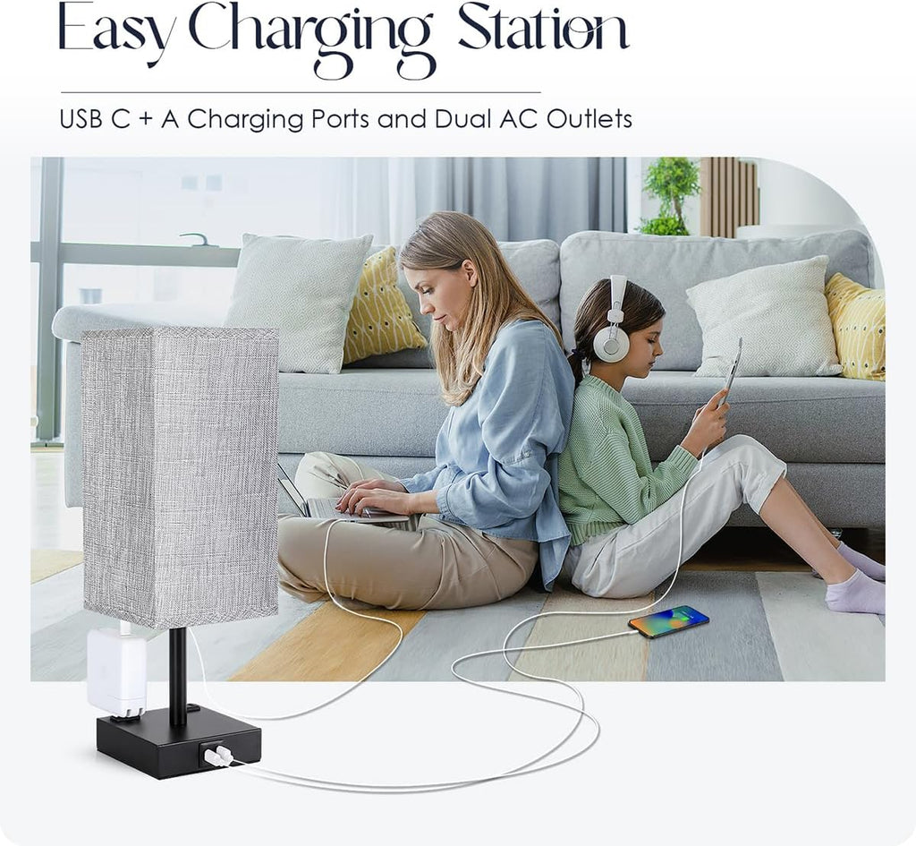 Bedside Table Lamp for Bedroom - Touch Small Lamp with USB C+A Charging Ports & AC Outlets, 3 Way Dimmable Nightstand Light for Living…