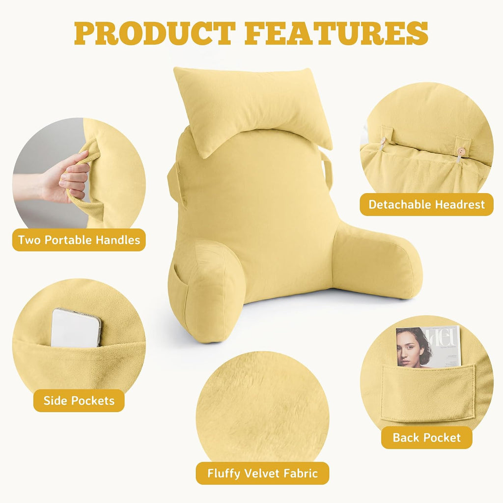 Unisakey Portable Reading Pillows with Headrest for Bed Sitting Up(Yellow Oeko-Tex), Velvet Back Pillow with Arms & Pockets for Adults…