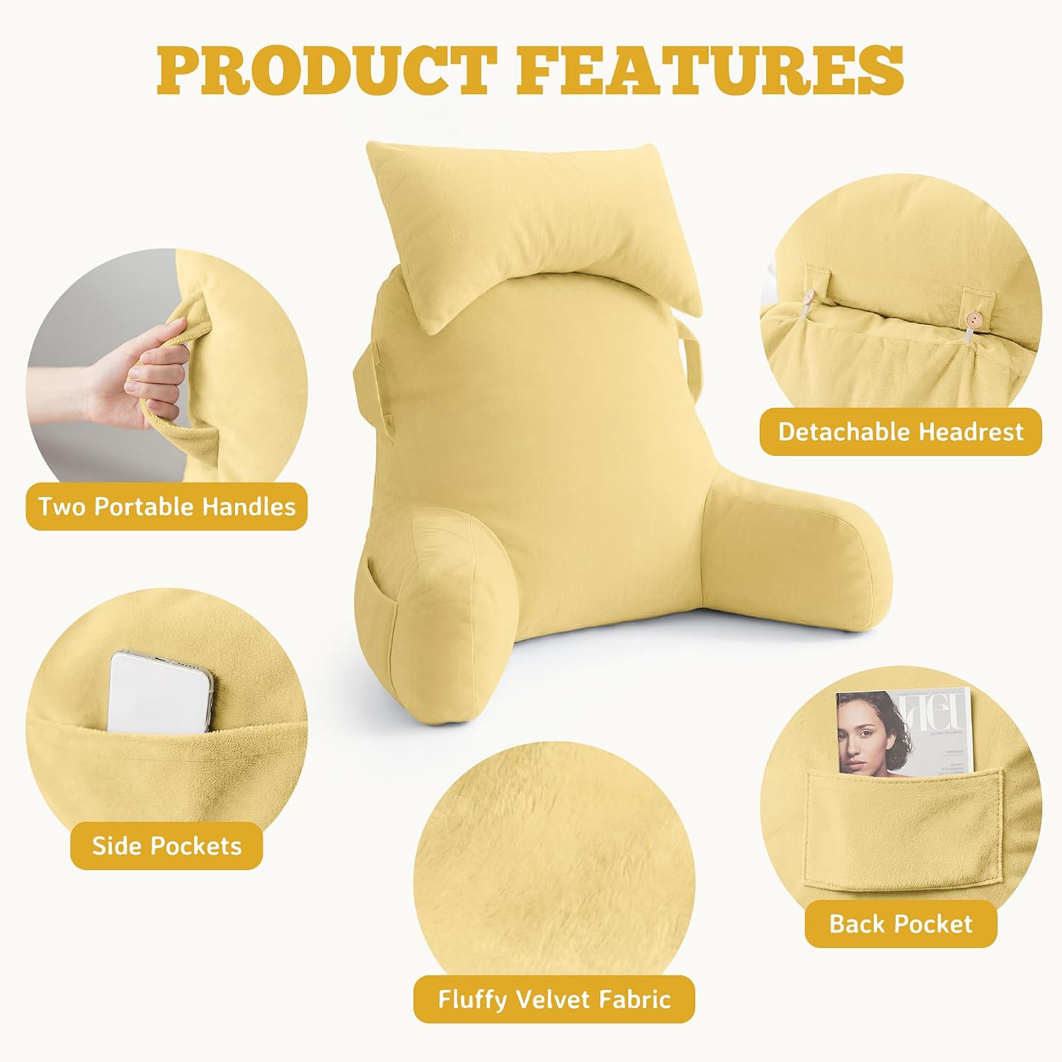 Unisakey Portable Reading Pillows with Headrest for Bed Sitting Up(Yellow Oeko-Tex), Velvet Back Pillow with Arms & Pockets for Adults…