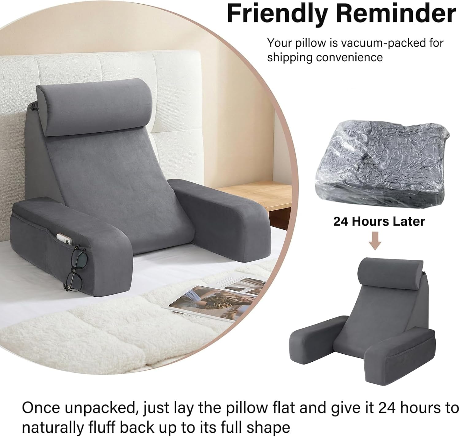 ENITYA 19" Back Support Pillow, Reading Pillow with Attached Arms & Large Pockets, Removable Washable Cover, Wedge for…