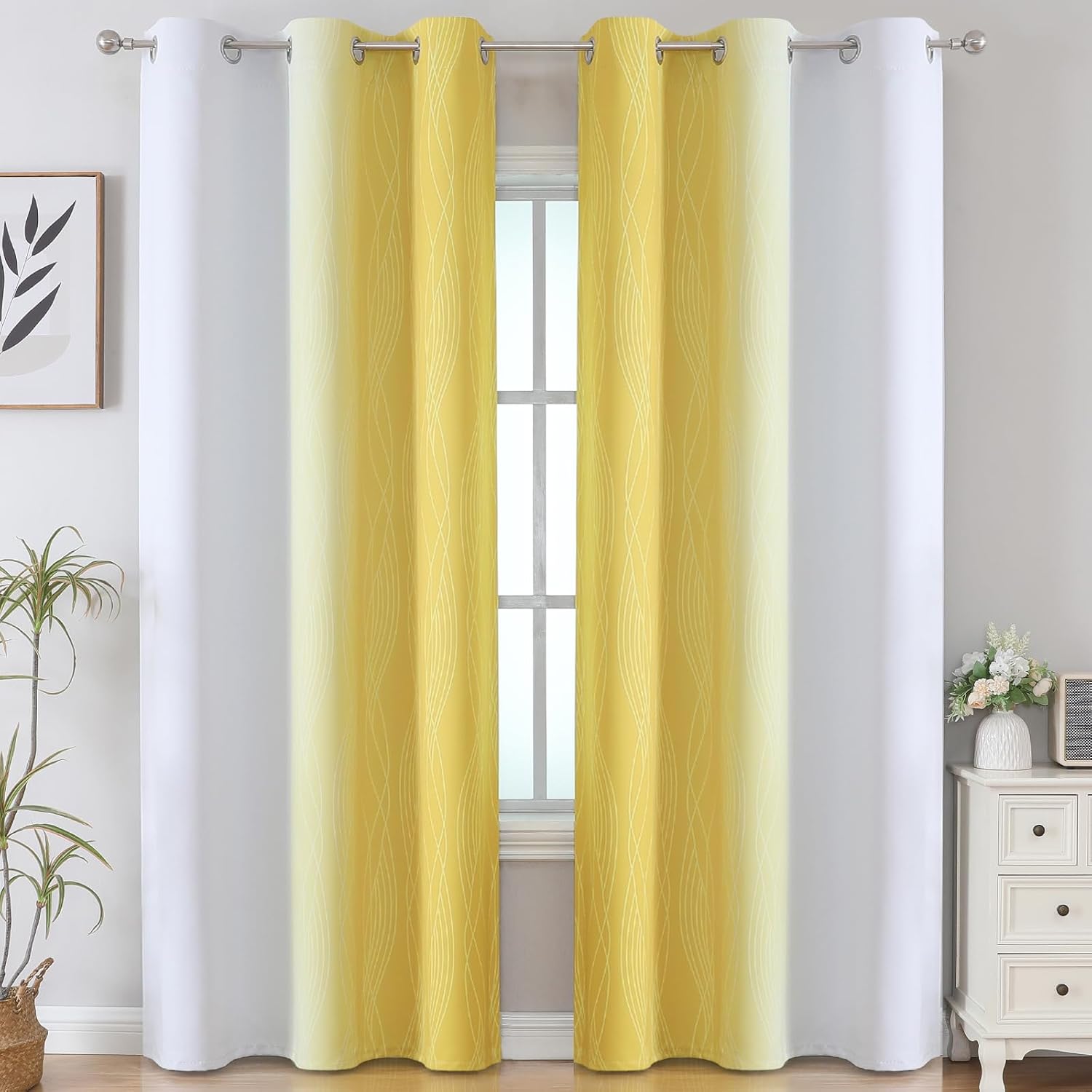 Estelartextiler Estelar Textiler Yellow and Greyish White Gradient Room Darkening Blackout for Living Room, Thermal Insulated Ombre Light B…
