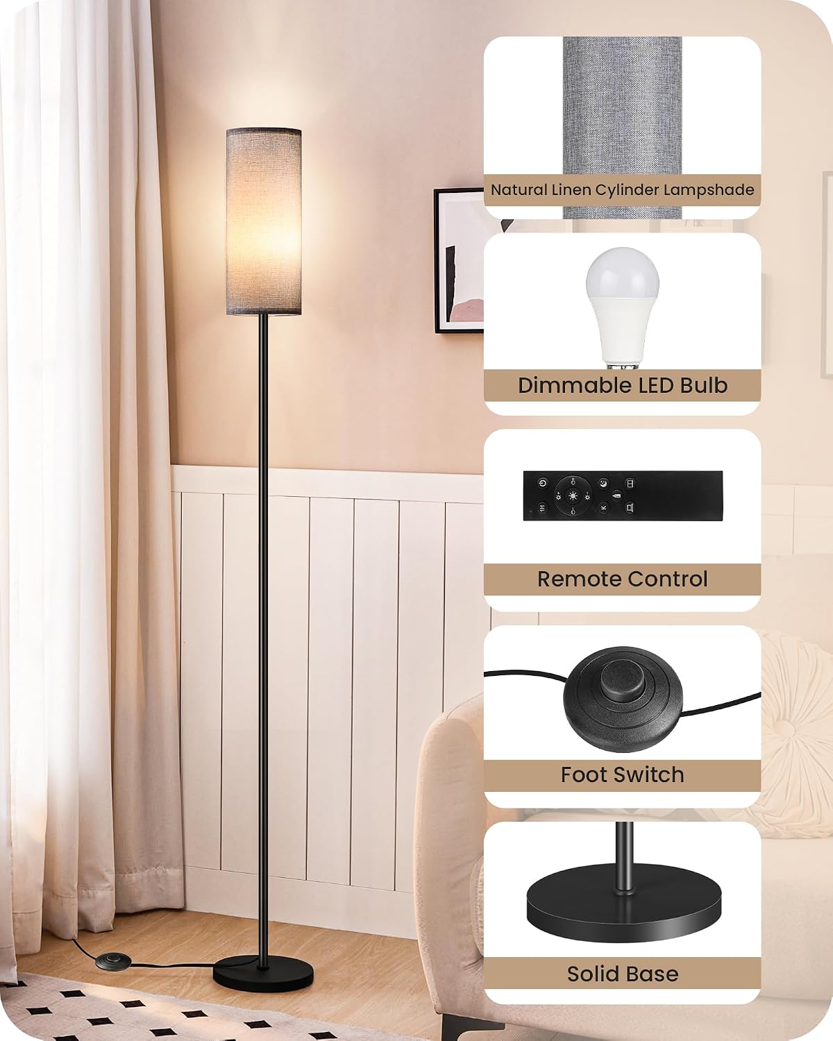 Dimmable Gray Floor Lamp for Living Room with Remote and Foot Switch, Corner Floor Lamp for Bedroom, Modern Standing Tall Lamp, 10W 900LM…