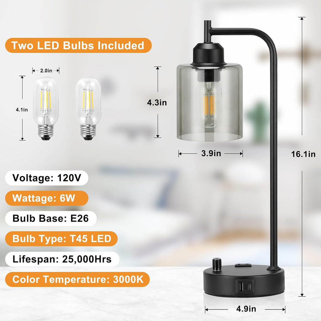 Industrial Desk Lamps for Office Set of 2 - Fully Dimmable Bedside Lamps with USB A C Ports and Outlet, Black Nightstand Lamps with Grey…