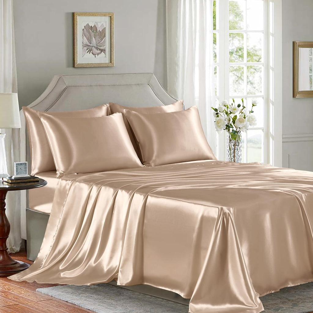 Golal Satin Sheets King Size - 6 Pieces Luxury Silky Soft Bed Sheets, Wrinkle-Free Champagne Satin Silk Sheet Set with 1 Deep Pocket Fitted…