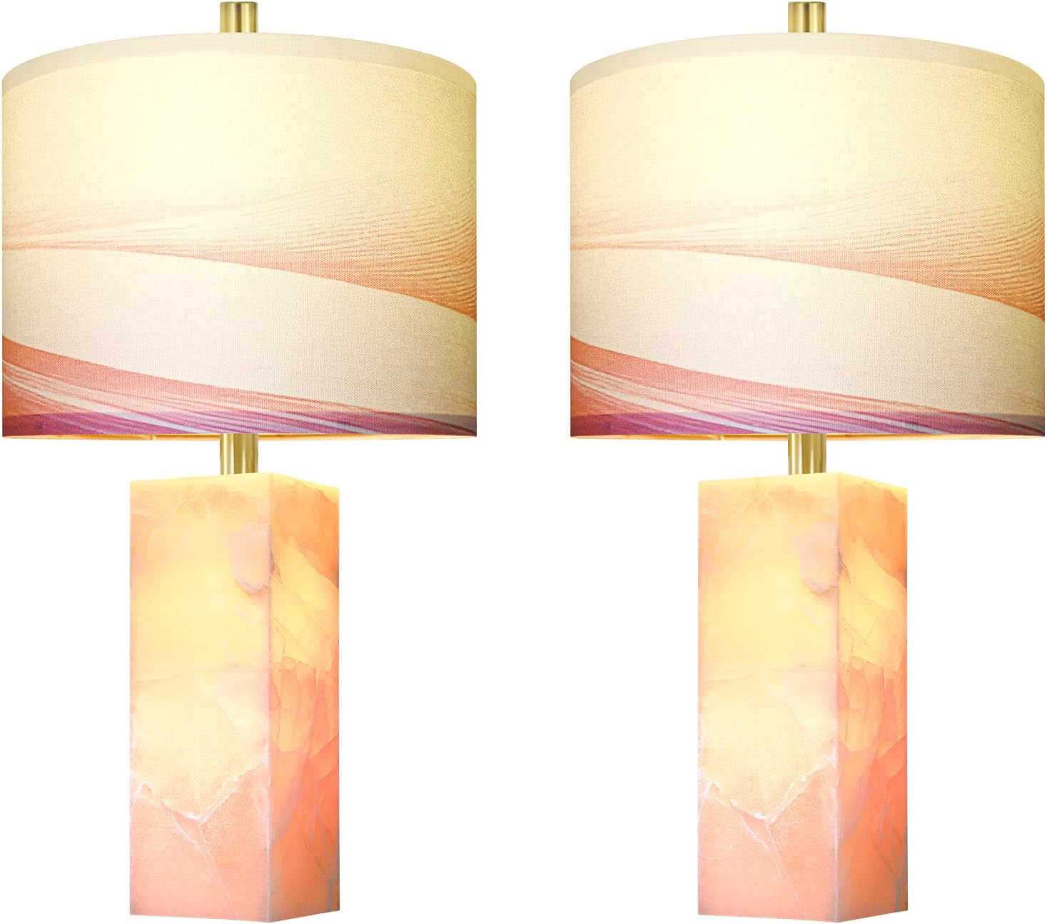 Scenekoy 23" Alabaster Table Lamp Set of 2 with Night Light for Bedroom Living Room, Rotary Switch, Pink Modern Table Lamp with Linen…