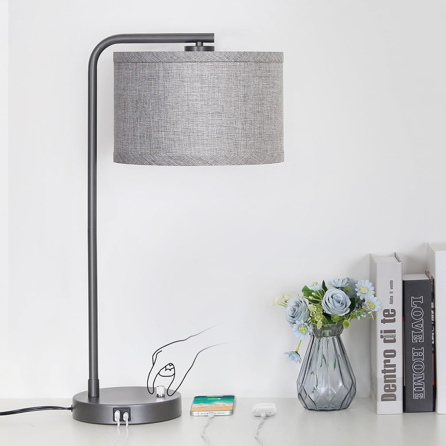 Gray Bedside Lamp with USB C+A Charging Ports, Fully Dimmable Modern Nightstand Lamp with Grey Fabric Shade, Tall Reading Lamp Desk Lamp…