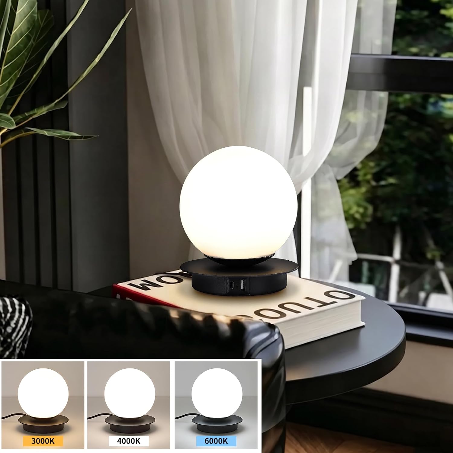 Touch Bedside Table Lamp, Matte Black Modern Small Nightstand Lamp for Bedroom Living Room Kids Room, Milky White Globe Glass Desk Lamp…