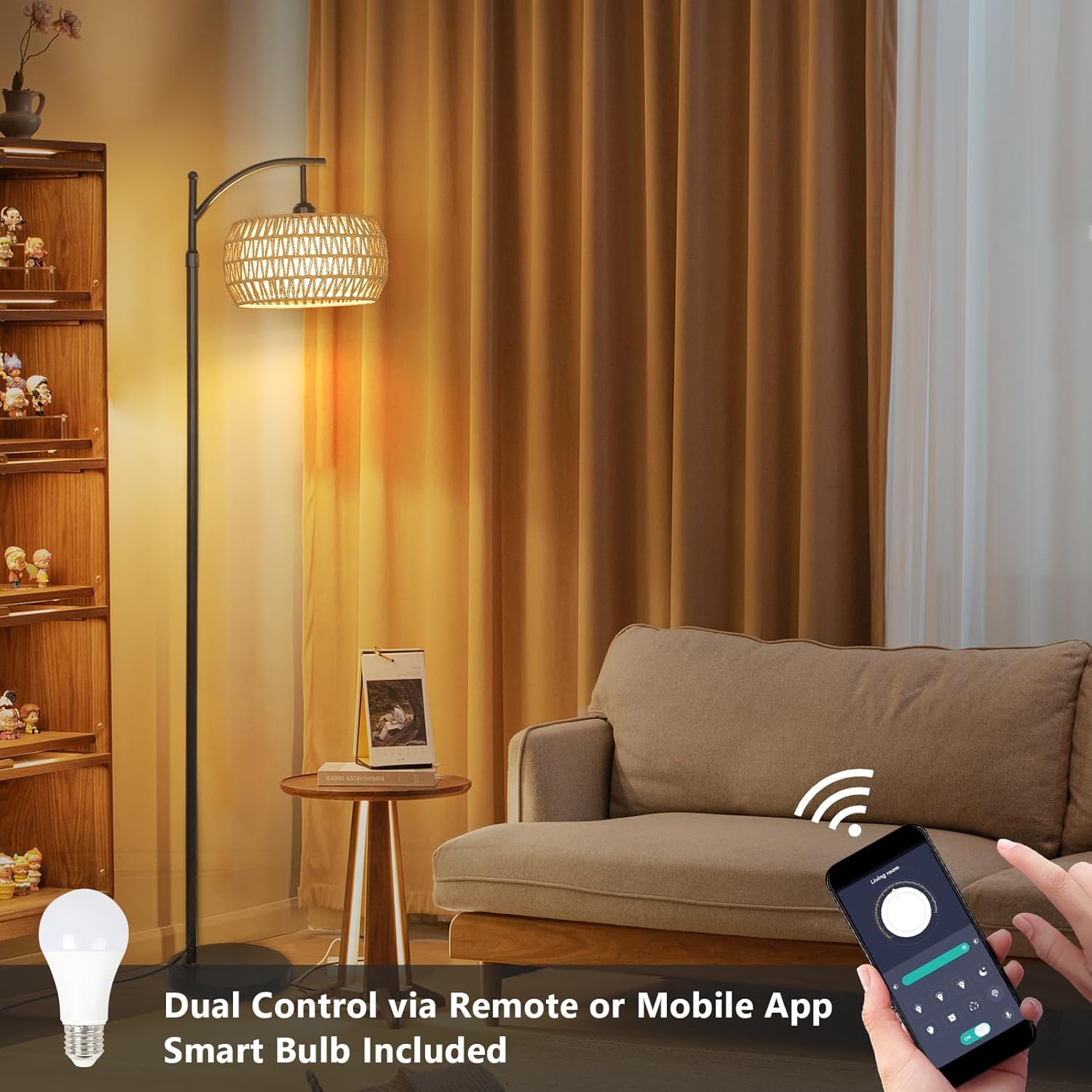Arc Floor Lamp with Remote Control, Dimmable LED Floor Lamp with 3 Color Temperature, Black Standing Lamp with Rattan & Fabric Double…