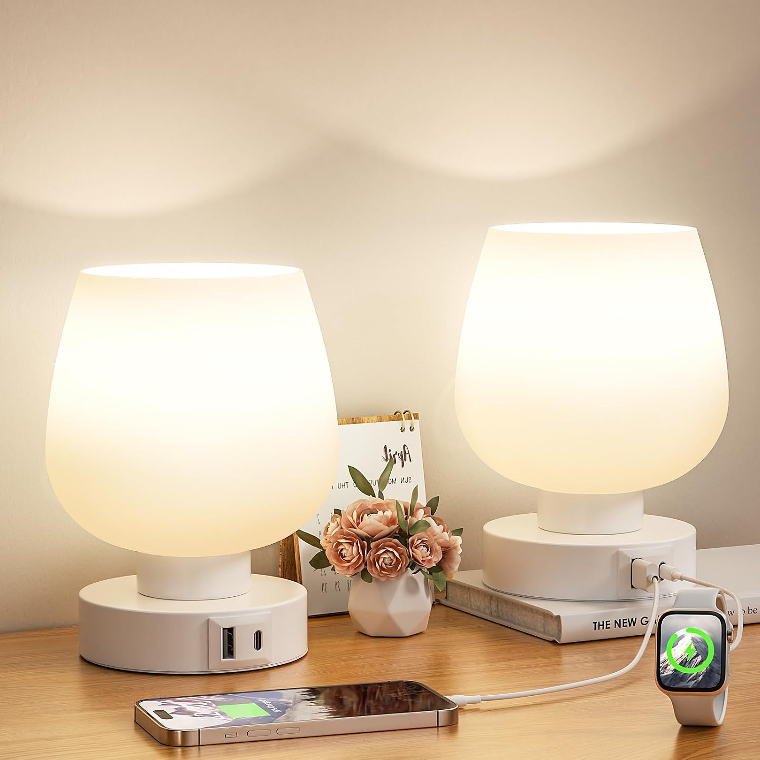 Seealle Touch Table Lamp for Nightstand Set of 2 - Bedside Lamp with USB C+A Charging Ports for Bedroom Living Room Night Stands, Desk…