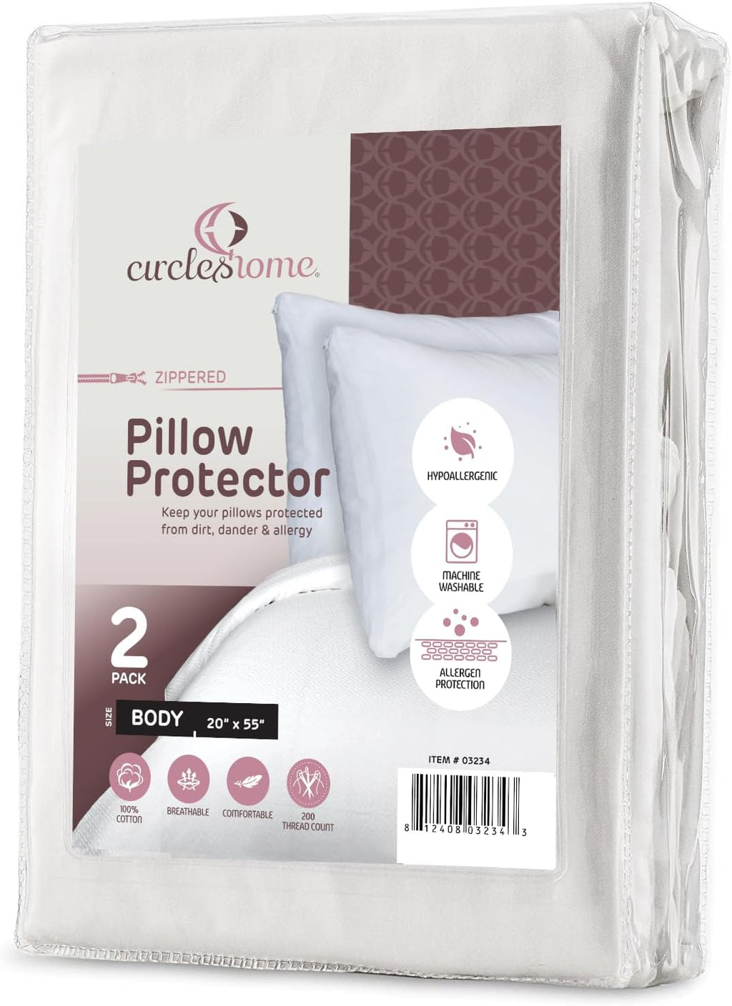CirclesHome Pillow Protectors 2 Pack Body (20 x 55) Zippered - 100% Cotton Breathable Pillowcases - Protects Pillows from Dirt, Dust and De…