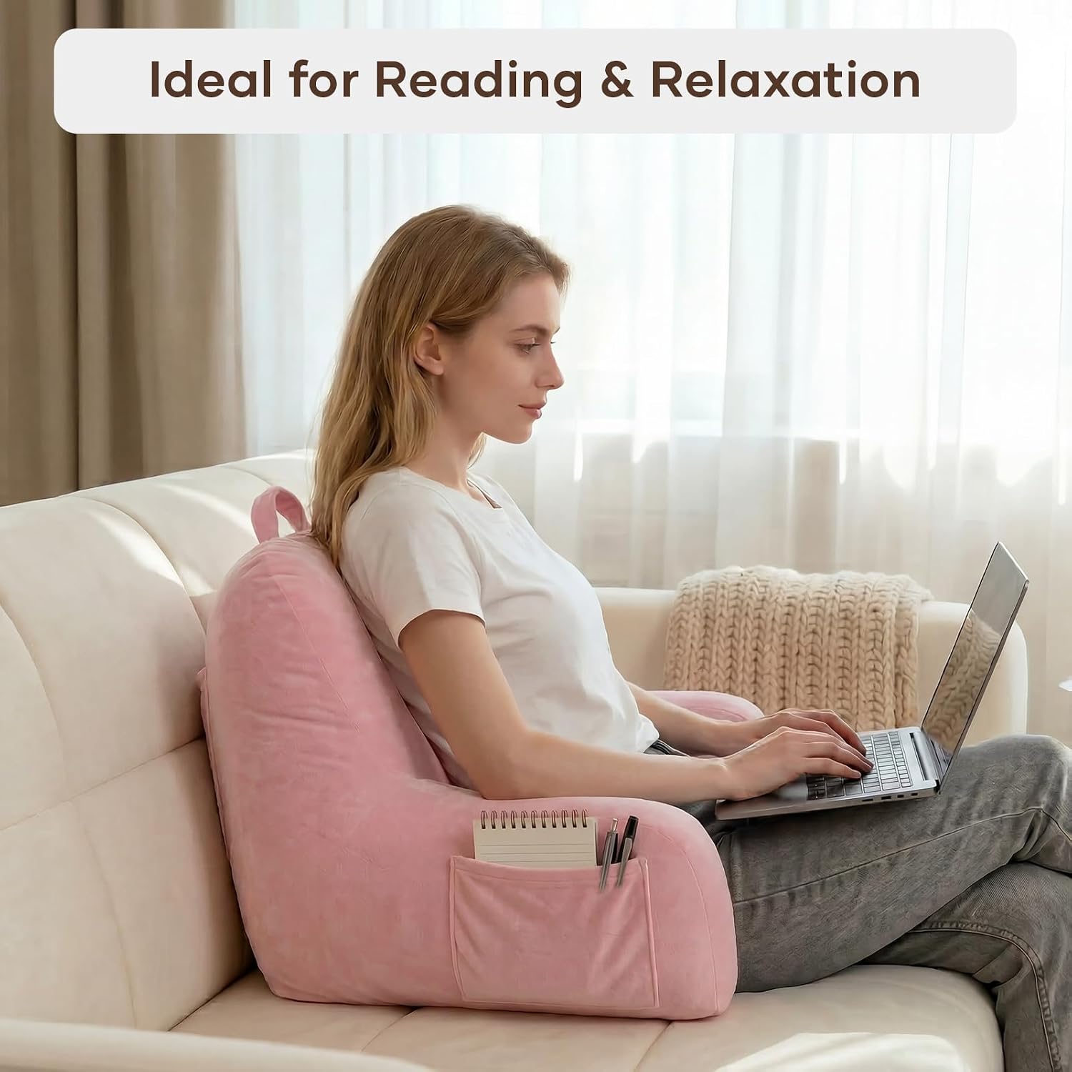 NOONTIDE Reading Pillow for Sitting up in Bed and Couch, Large Back Pillow for Adult & Teens with Soft Adjustable Neck Roll Backrest…